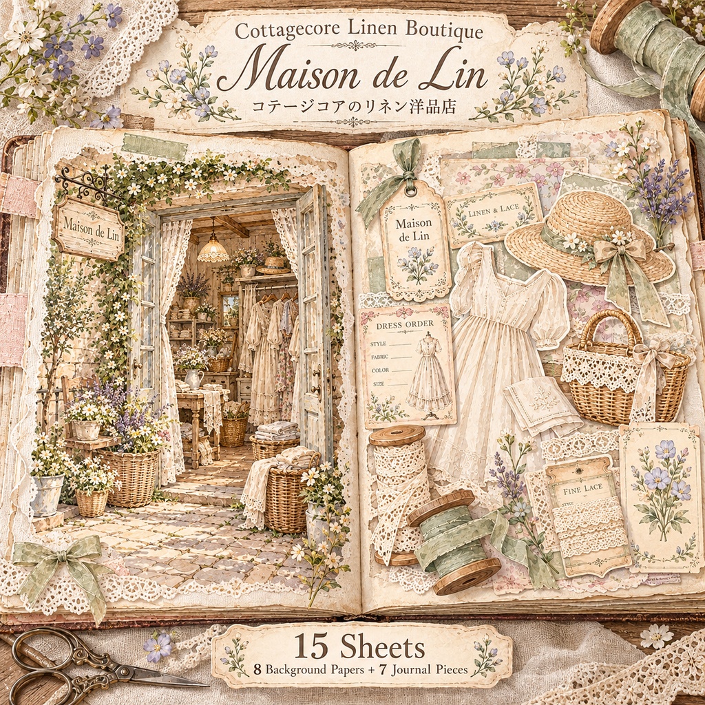 商品タイトル  コテージコアの小さなリネン洋品店｜Maison de Lin｜背景8枚＋パーツ7シート｜ジャンクジャーナル・コラージュ素材