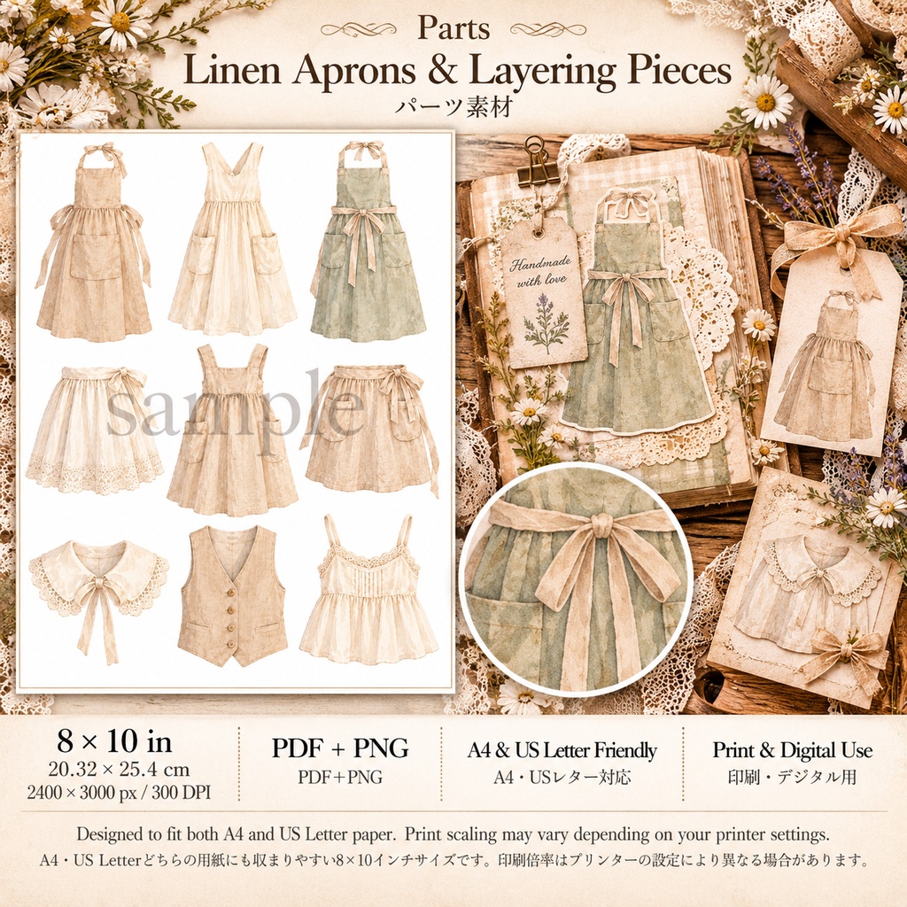 商品タイトル コテージコアの小さなリネン洋品店|Maison de Lin|背景8枚+パーツ7シート|ジャンクジャーナル・コラージュ素材