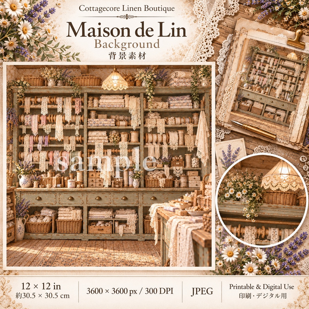 商品タイトル コテージコアの小さなリネン洋品店|Maison de Lin|背景8枚+パーツ7シート|ジャンクジャーナル・コラージュ素材