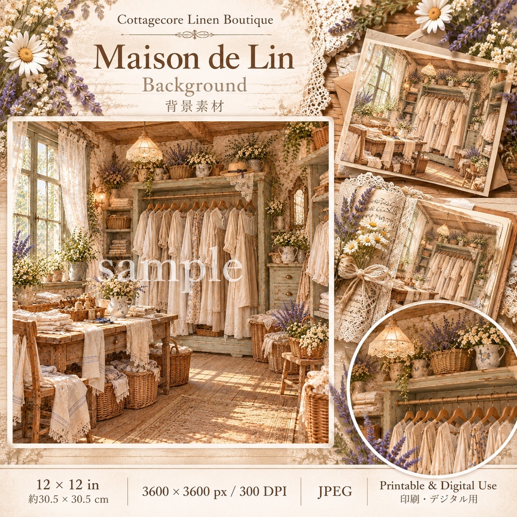 商品タイトル コテージコアの小さなリネン洋品店|Maison de Lin|背景8枚+パーツ7シート|ジャンクジャーナル・コラージュ素材