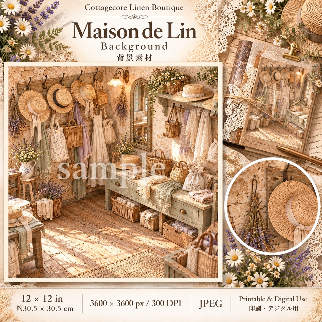 商品タイトル コテージコアの小さなリネン洋品店|Maison de Lin|背景8枚+パーツ7シート|ジャンクジャーナル・コラージュ素材