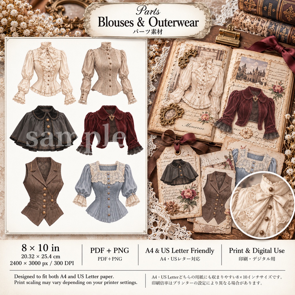 The Old Manor Dress Atelier|英国アンティーク洋装店のジャンクジャーナル素材集|背景8枚+パーツ7シート