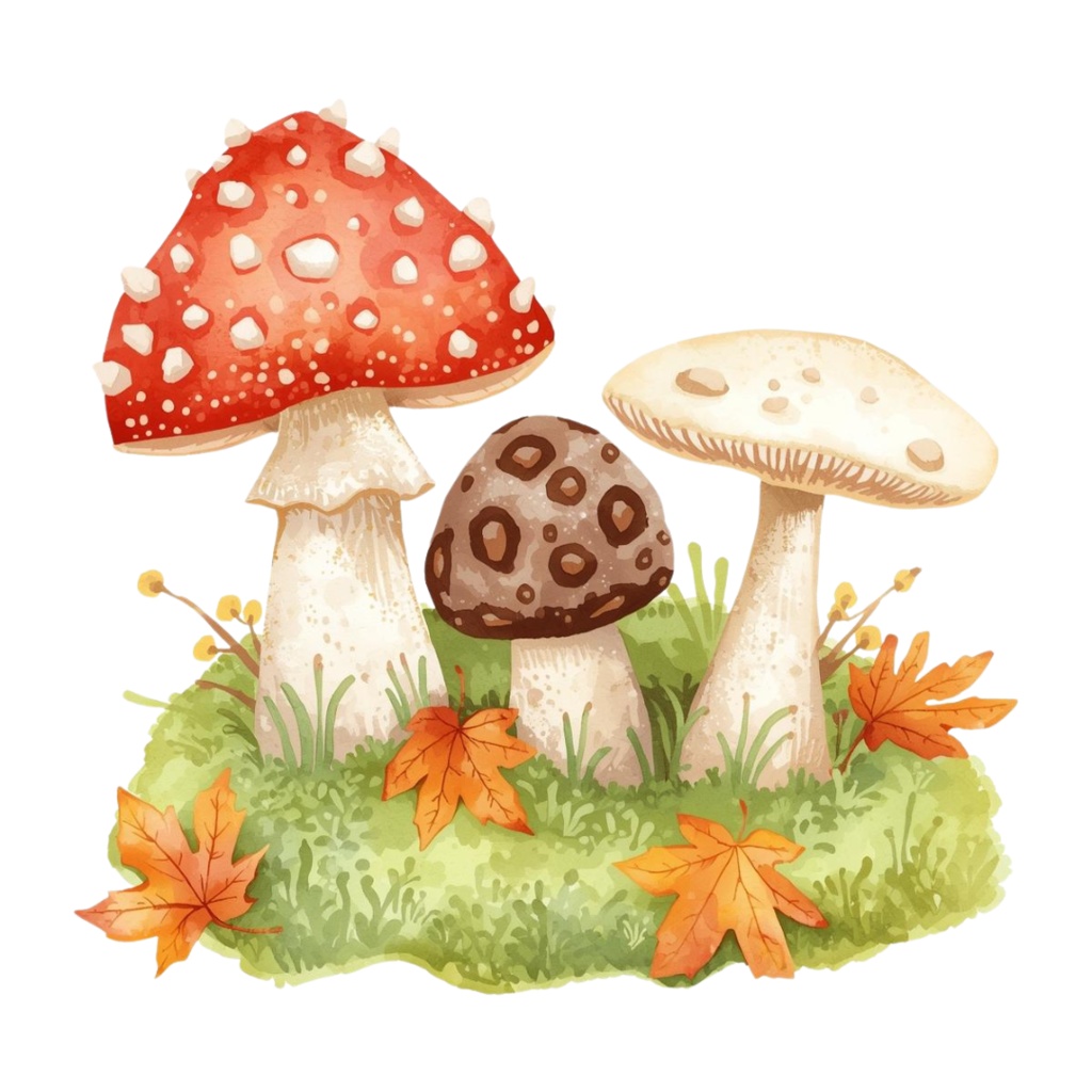 【商用利用OK】🍄 秋の森ときのこ 水彩クリップアート12点|可愛いマッシュルーム PNG Watercolor Mushroom Clipart Set