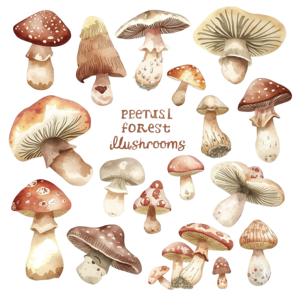 【商用利用OK】🍄 秋の森ときのこ 水彩クリップアート12点|可愛いマッシュルーム PNG Watercolor Mushroom Clipart Set