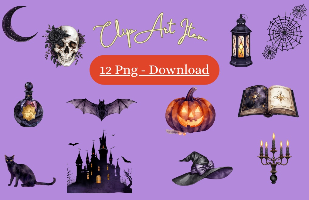 【商用利用OK】大人かわいい水彩ハロウィン クリップアートセット 🎃💀（12点 PNG透過・高画質300dpi）