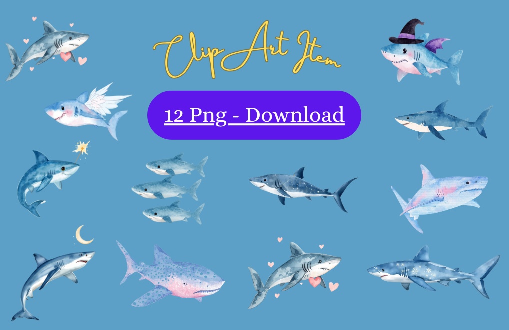 【商用利用OK】ゆめかわ水彩サメ クリップアートセット🦈12点 PNG透過｜Kawaii Watercolor Shark Clipart Set Digital Download