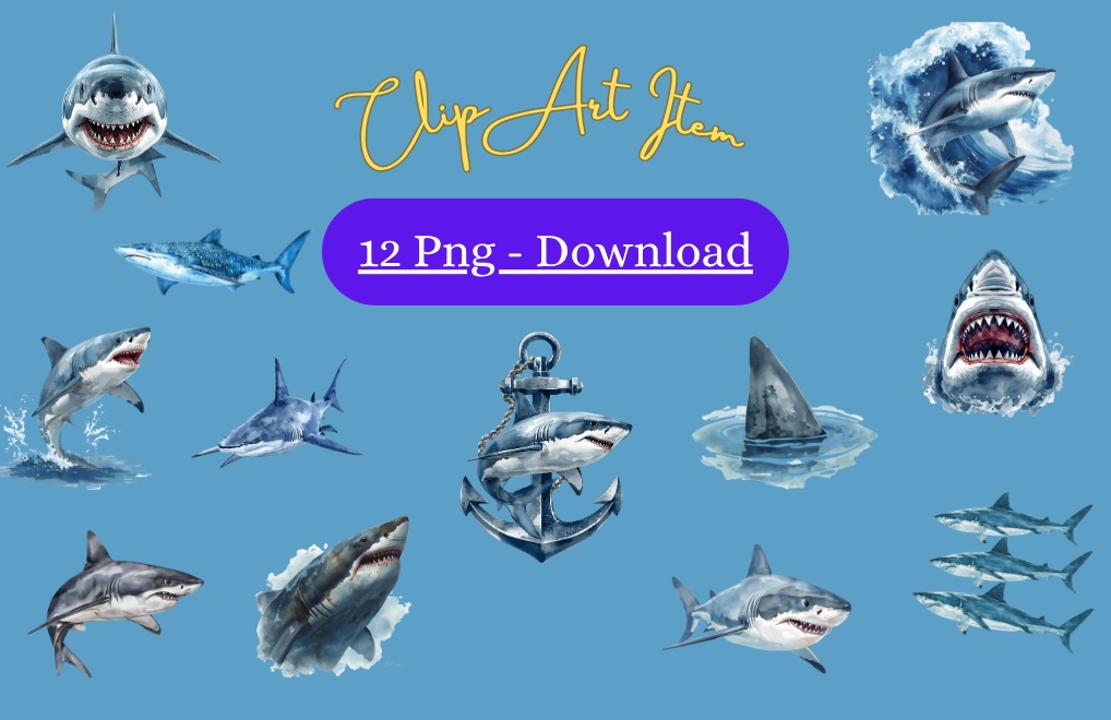 【商用利用OK】水彩風クールなサメ クリップアートセット🦈12 PNG透過 高解像度｜Watercolor Cool Shark Clipart Set