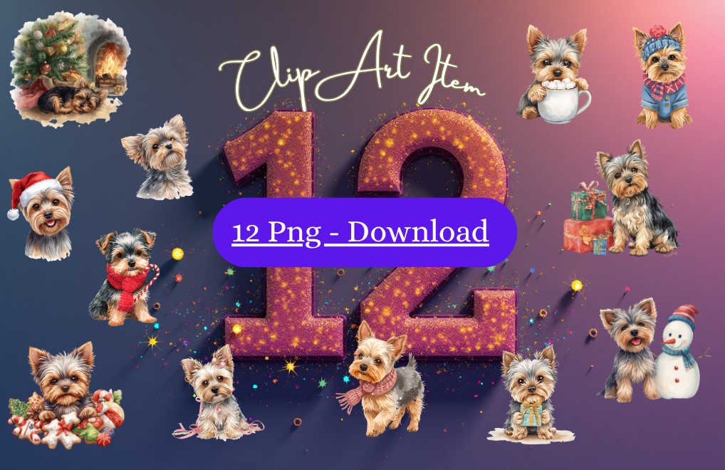 【限定】ふんわり水彩ヨーキーのクリスマスセット｜かわいい子犬の冬クリップアート12点 PNG素材Watercolor Yorkie Christmas Clipart Set | Cute Puppy Winter Collection (12 PNG)