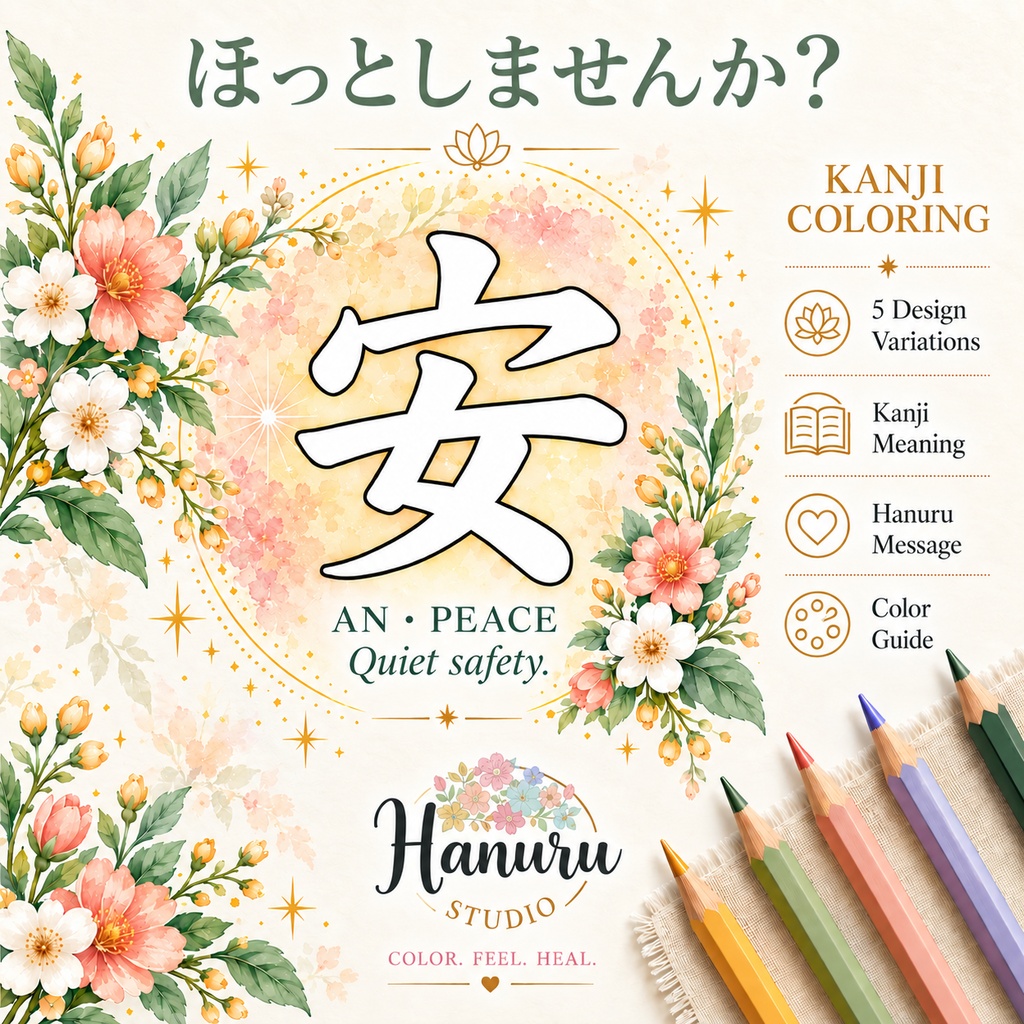 【PDF】漢字塗り絵|安(あん)|5デザイン+漢字の意味ガイド|がんばらない大人の塗り絵