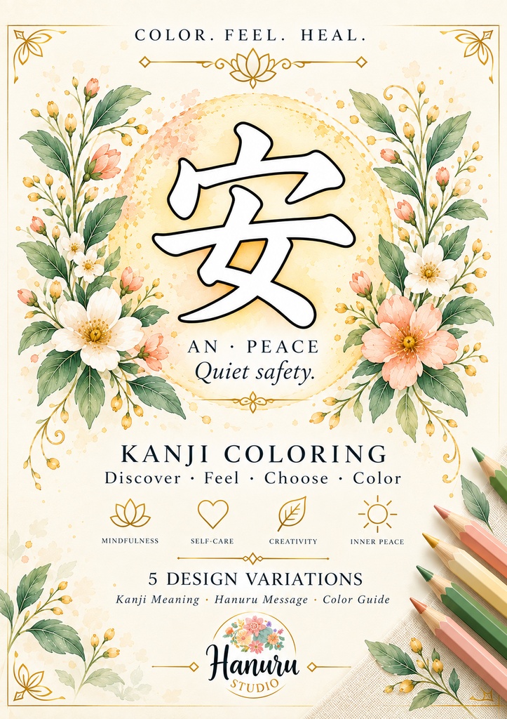 【PDF】漢字塗り絵|安(あん)|5デザイン+漢字の意味ガイド|がんばらない大人の塗り絵