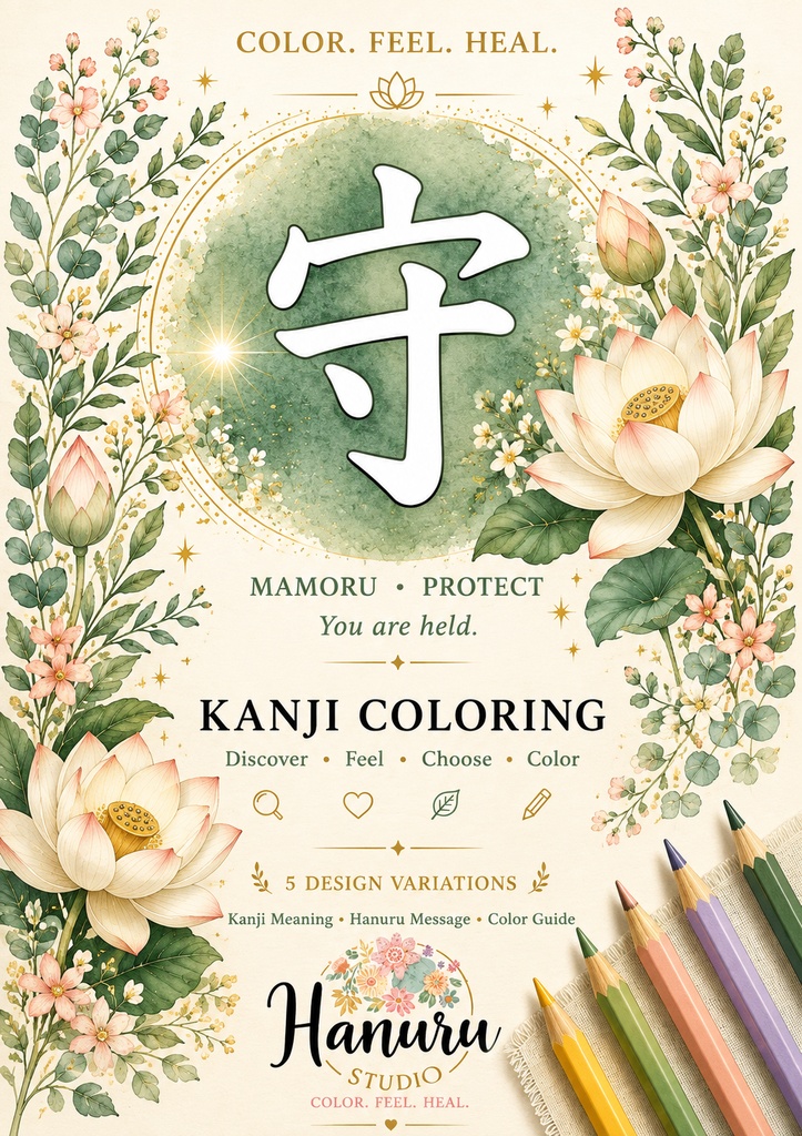 【PDF】漢字塗り絵|守(まもる)|5デザイン+漢字の意味ガイド|がんばらない大人の塗り絵