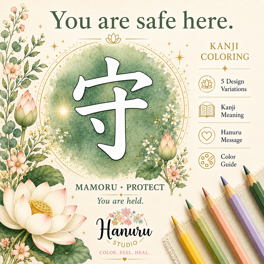 【PDF】漢字塗り絵｜守（まもる）｜5デザイン＋漢字の意味ガイド｜がんばらない大人の塗り絵