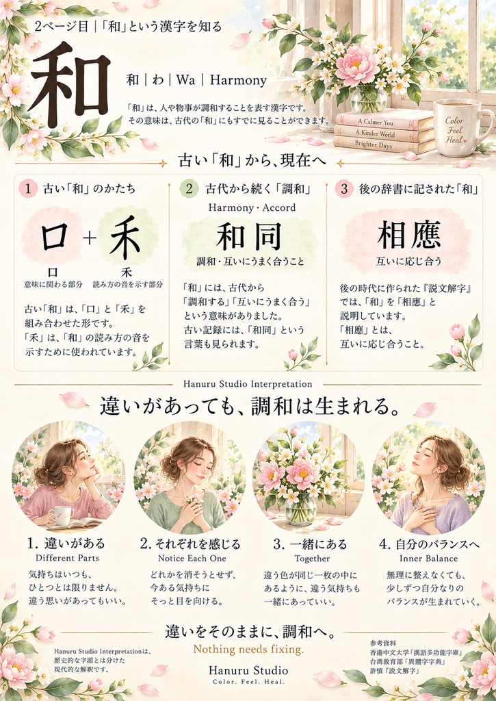 【PDF】漢字塗り絵|和(Wa)|5デザイン+漢字の意味ガイド|がんばらない大人の塗り絵