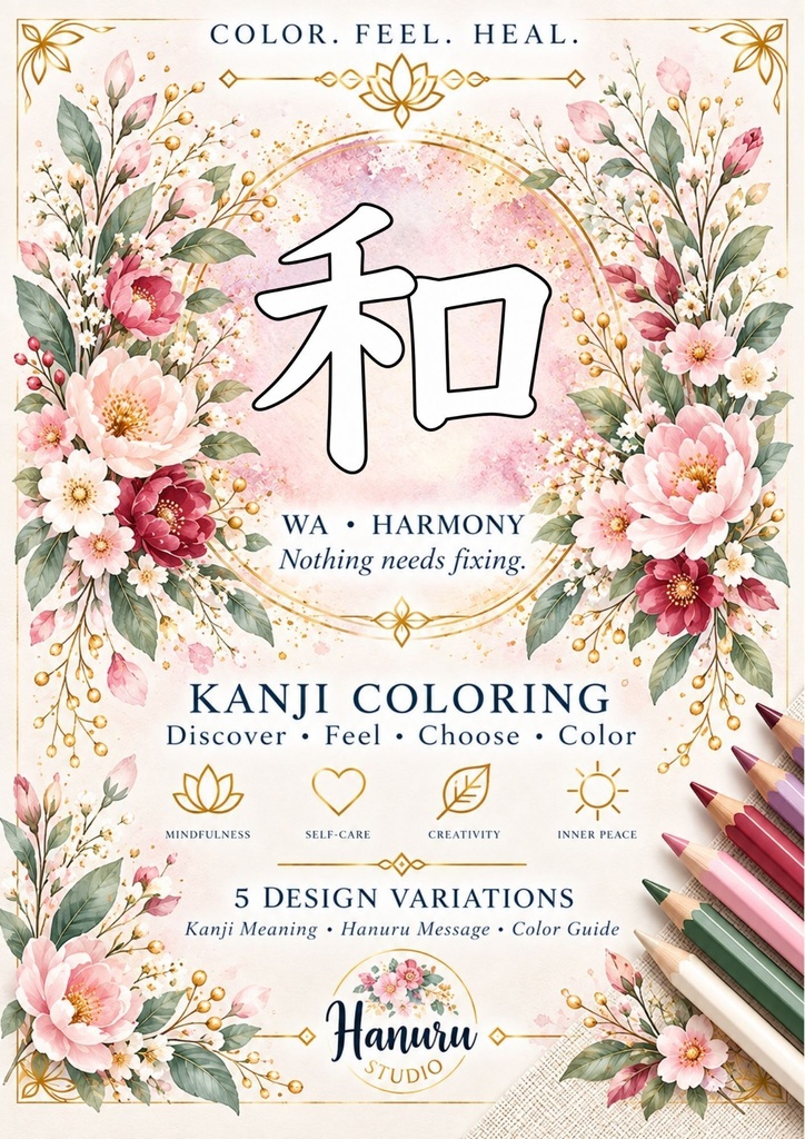 【PDF】漢字塗り絵|和(Wa)|5デザイン+漢字の意味ガイド|がんばらない大人の塗り絵