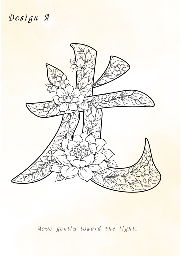【PDF】漢字塗り絵|光(ひかり)|5デザイン+漢字の意味ガイド|大人の塗り絵