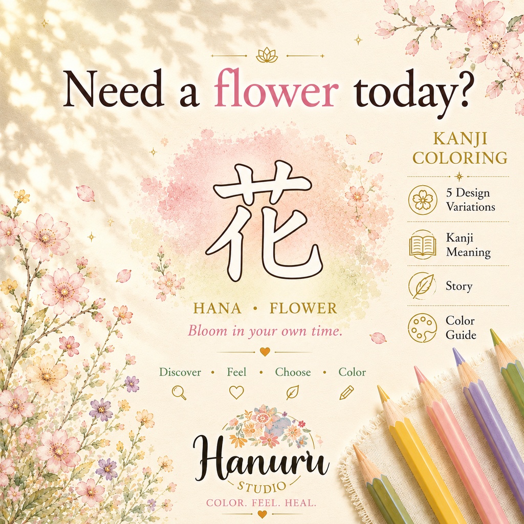 【PDF】漢字塗り絵|花(はな)|5デザイン|心を整えるマインドフルネス塗り絵・漢字ガイド付き