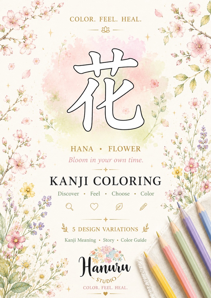 【PDF】漢字塗り絵|花(はな)|5デザイン|心を整えるマインドフルネス塗り絵・漢字ガイド付き