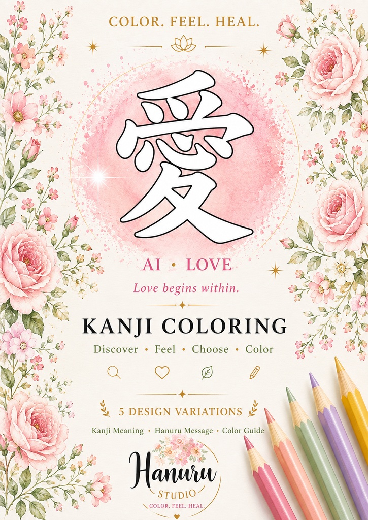 【PDF】漢字塗り絵|愛(あい)|5デザイン+漢字の意味ガイド|がんばらない大人の塗り絵