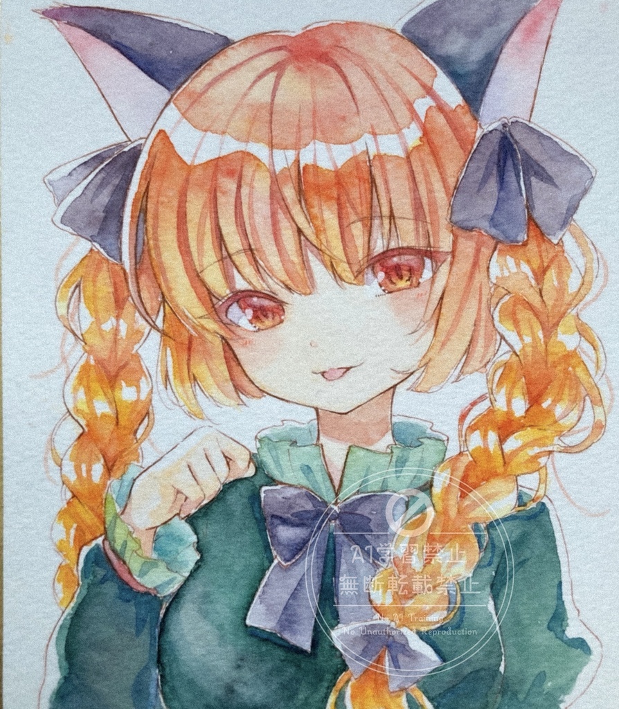 【アナログ原画】ゆるふわ三つ編みお燐 (ミニ色紙)