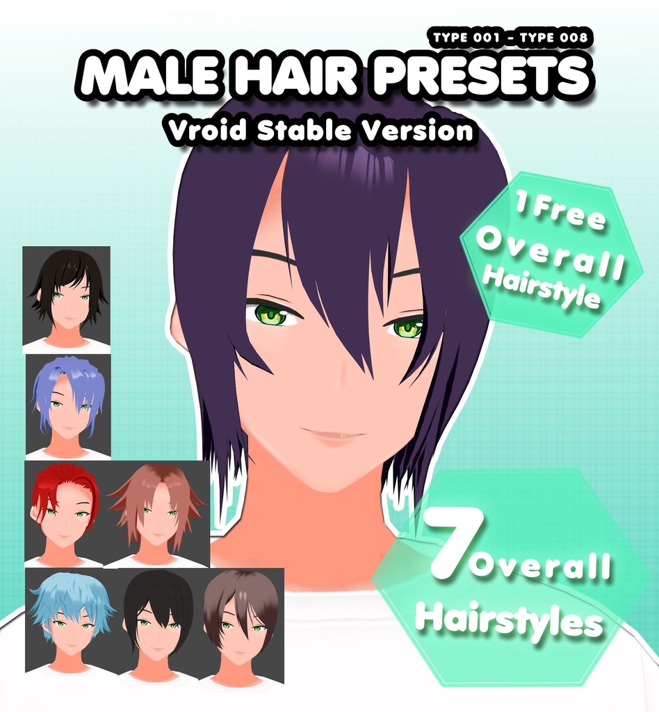 [Vroid Studio Stable Vers] 8 Overall Male Hairstyles Presets Vol 1