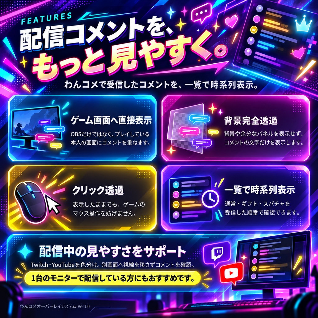 〖無料〗わんコメ オーバーレイシステム Ver1.0|OBS・Twitch・YouTube対応 コメント表示ツール