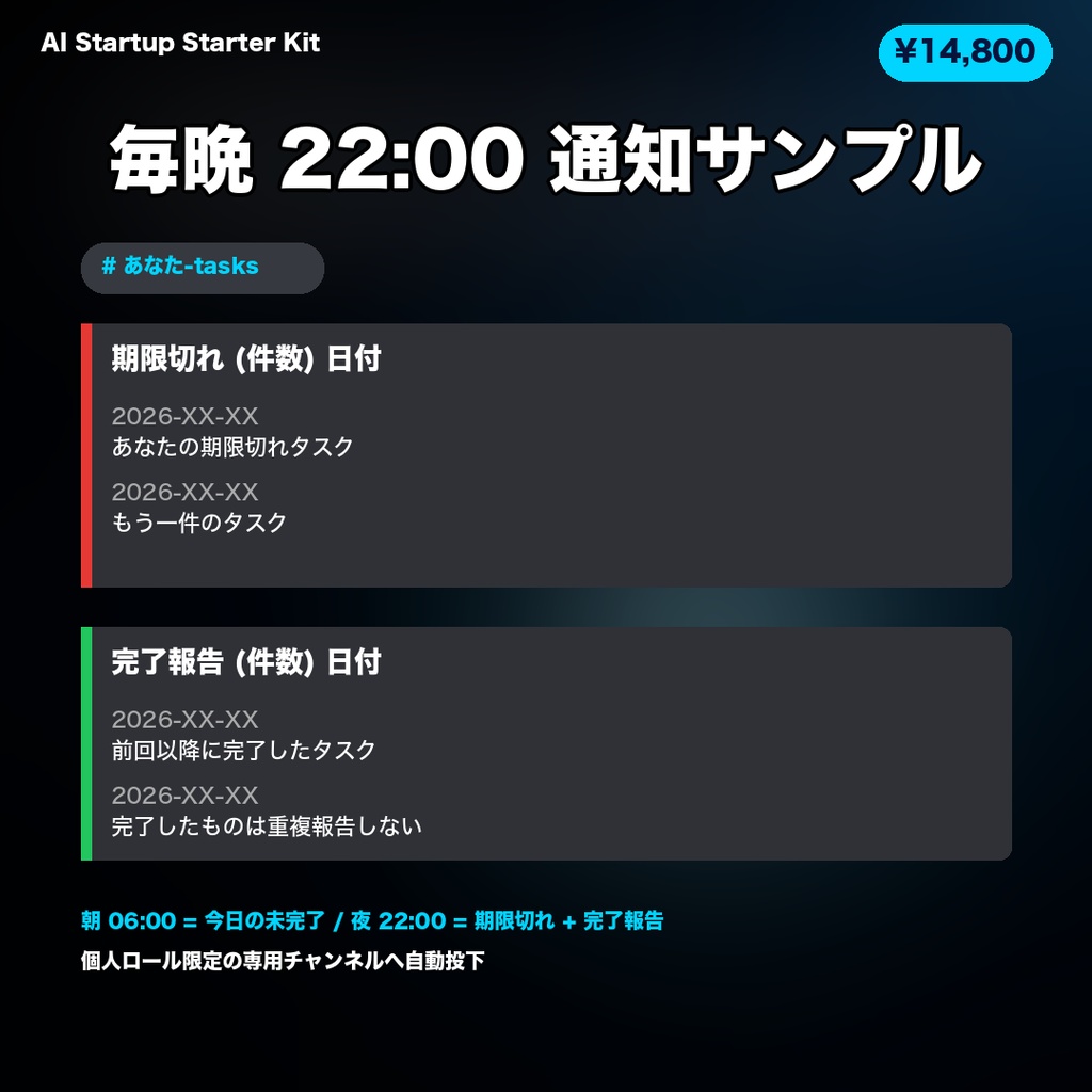 AI 駆動スタートアップ・スターターキット v1.1 — Claude 入れるだけで実運用中の AI 会社が即起動 (個人 Notion DB 自動同期 / Discord 通知 / 議事録自動化 / 7 部署運営 + 起業 1 年目パック 9 ファイル同梱)