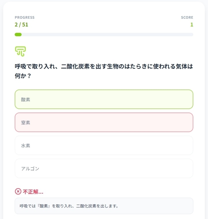 中学1年理科・生物マスター51問演習~ゲームで学ぶ生物基礎確認クイズ~