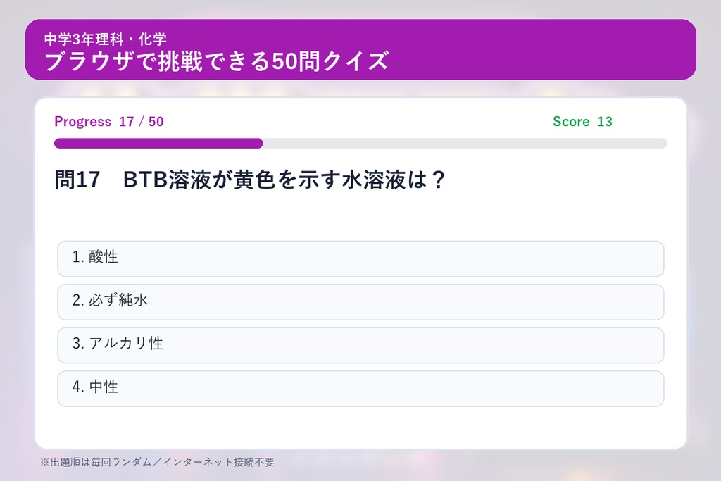 中学3年理科・化学マスター50問演習~ゲームで学ぶ化学基礎確認クイズ~