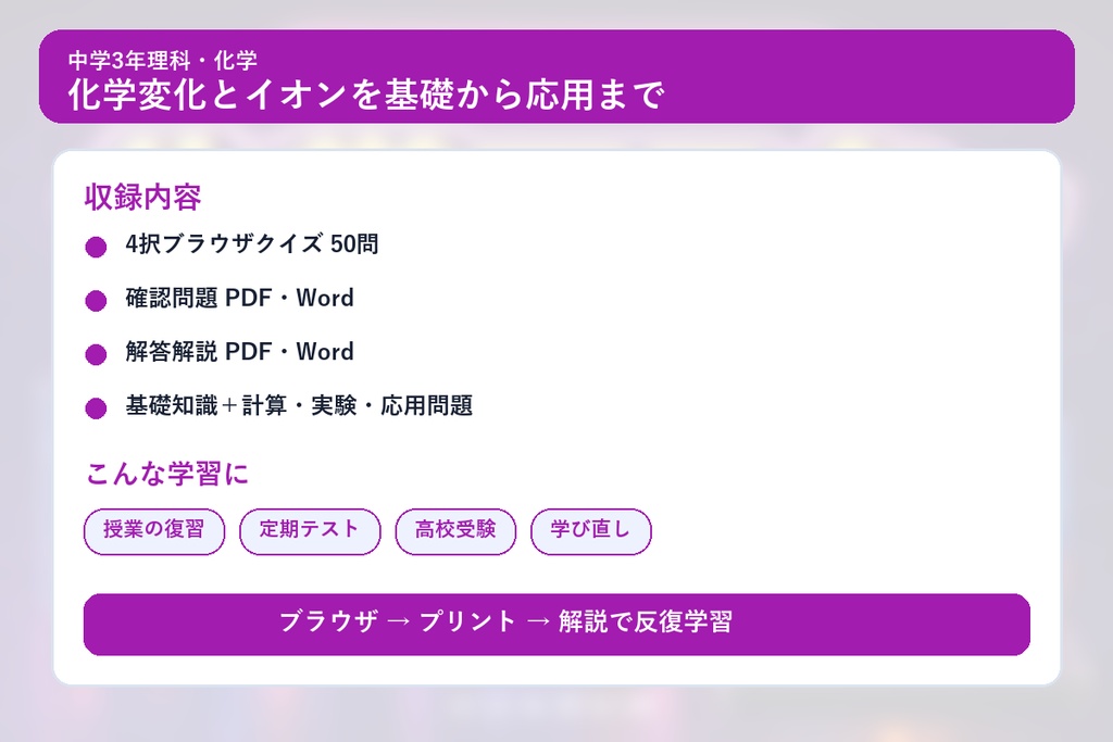 中学3年理科・化学マスター50問演習~ゲームで学ぶ化学基礎確認クイズ~