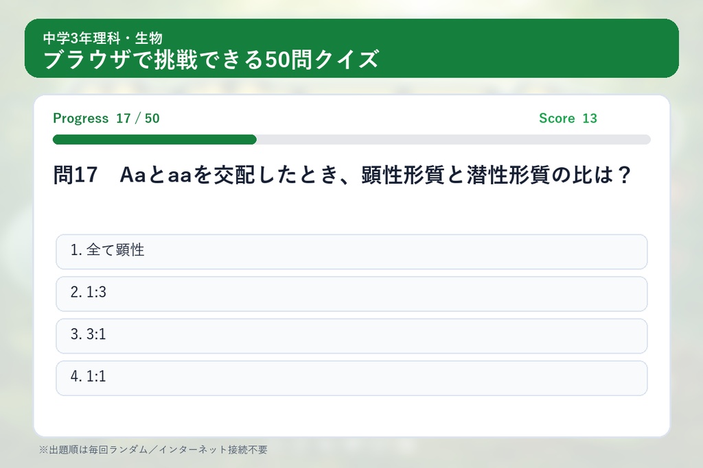 中学3年理科・生物マスター50問演習~ゲームで学ぶ生物基礎確認クイズ~
