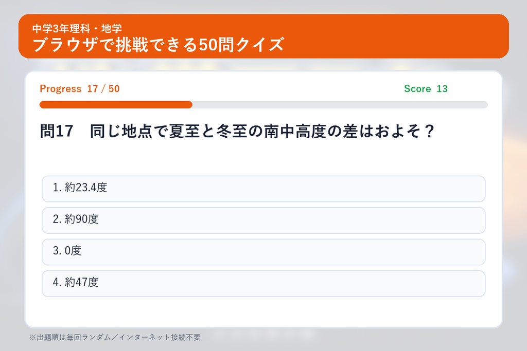 中学3年理科・地学マスター50問演習~ゲームで学ぶ地学基礎確認クイズ~