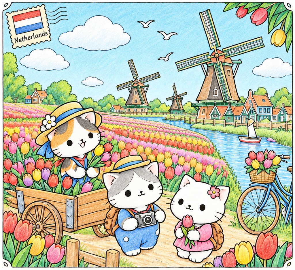 3匹のねこと 世界を旅するぬりえ