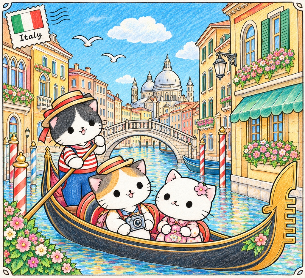 3匹のねこと 世界を旅するぬりえ