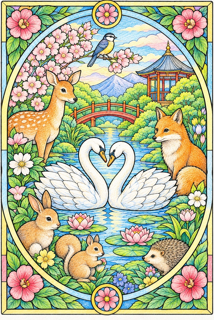 ステンドグラス動物塗り絵
