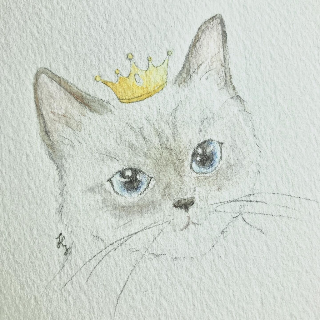 【額なし水彩イラスト原画】Cat Face (cat × crown)