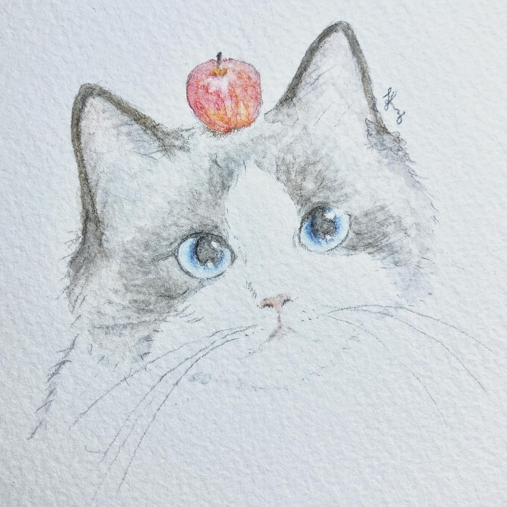 【額装水彩イラスト原画】Cat Face (cat × apple)