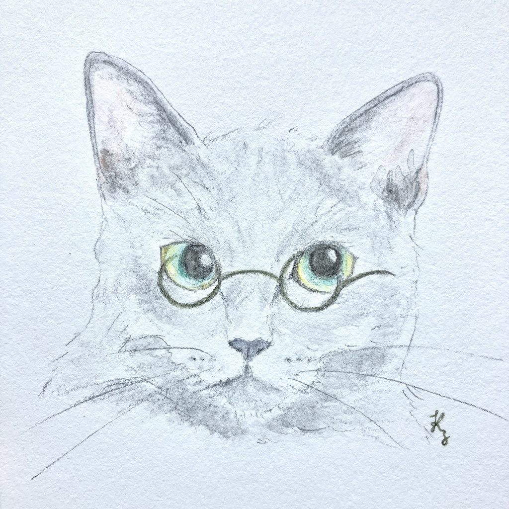 【額なし水彩イラスト原画】Cat Face (cat × glasses)