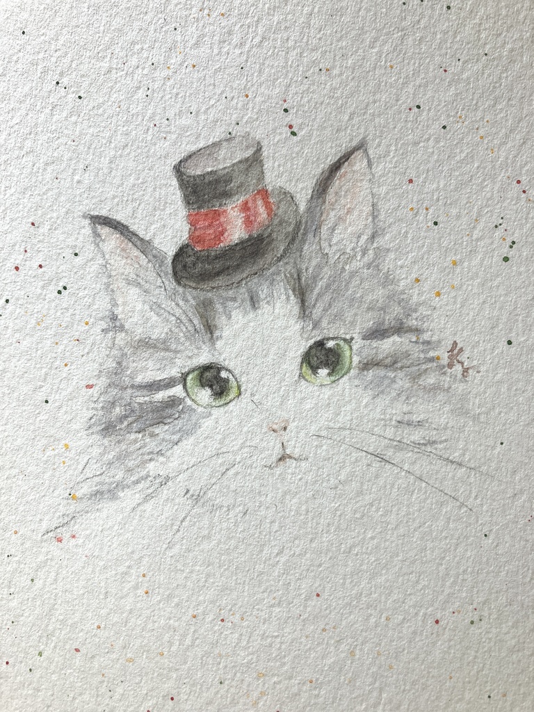 【額なし水彩原画】Cat Face (cat × top hat)