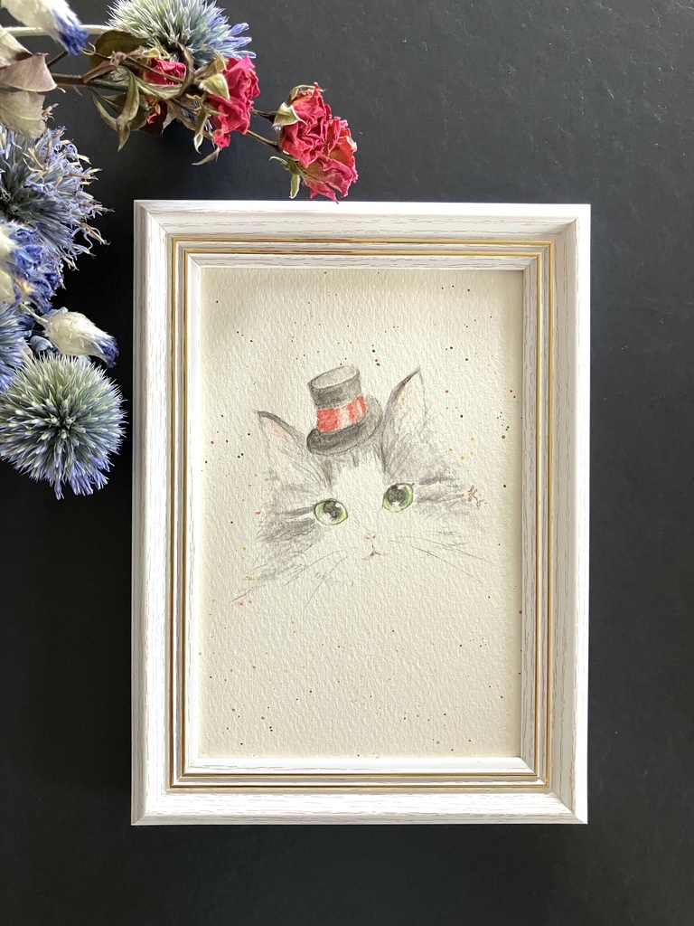 【額なし水彩原画】Cat Face (cat × top hat)