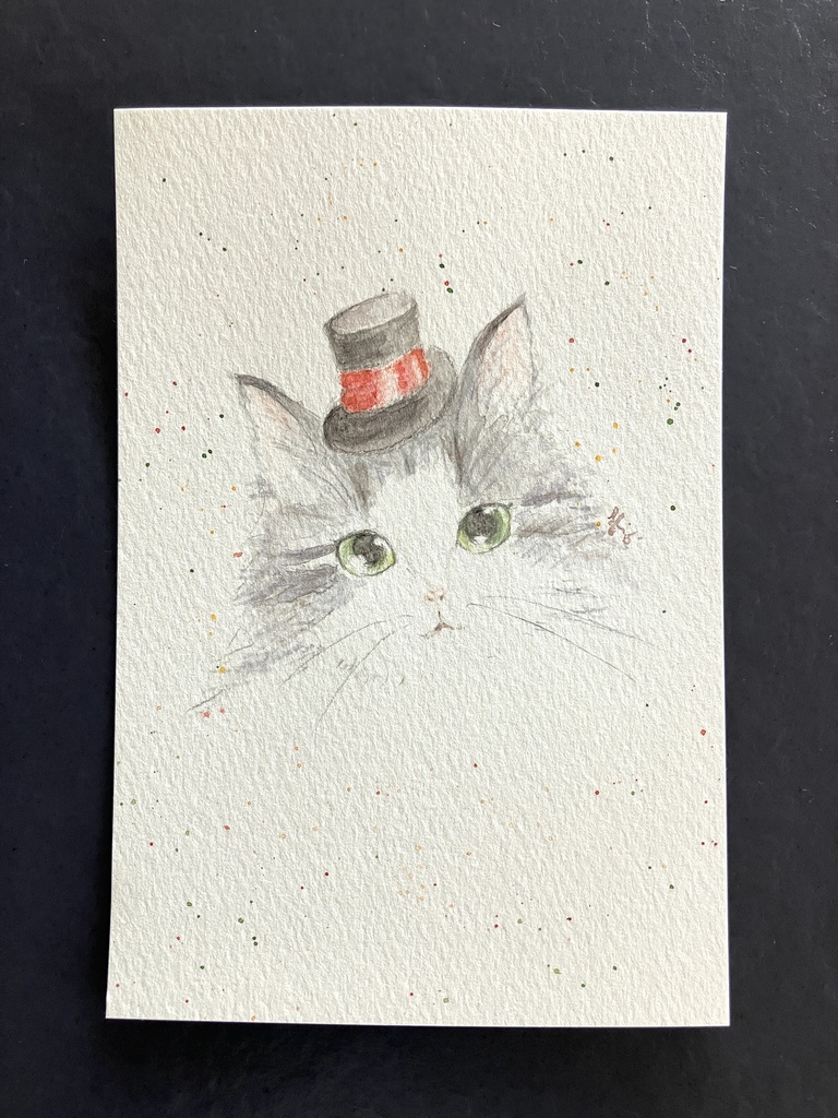 【額なし水彩原画】Cat Face (cat × top hat)