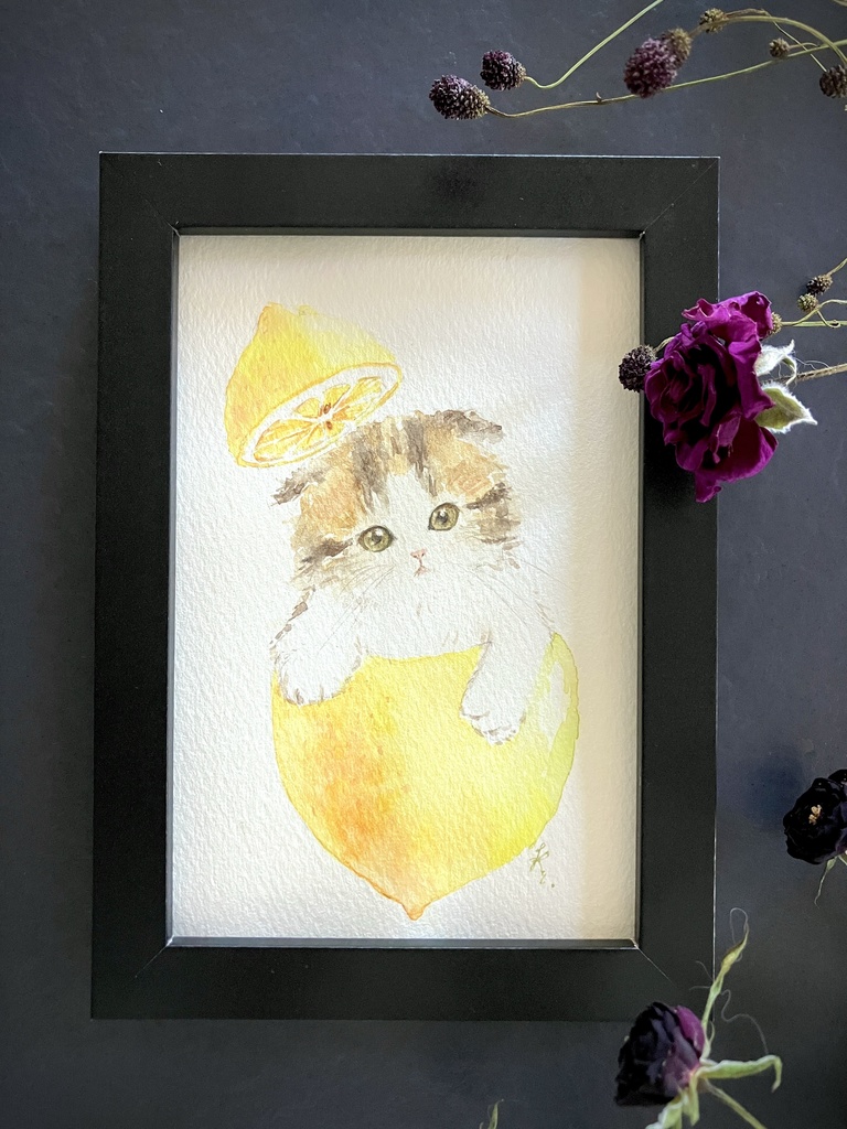 【額なし水彩原画】Cat In a Lemon