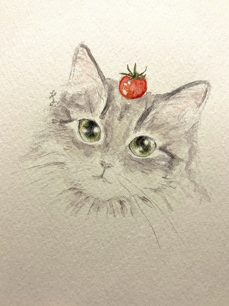 【額なし水彩原画】Cat Face (cat × tomato)