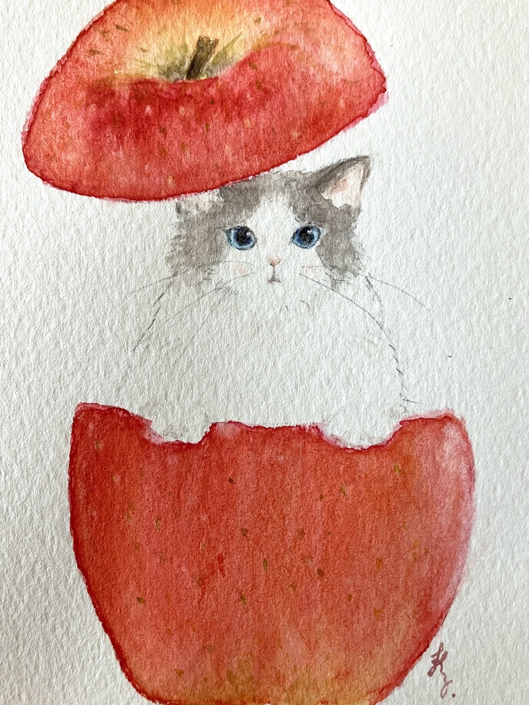 【額なし水彩原画】cat × apple