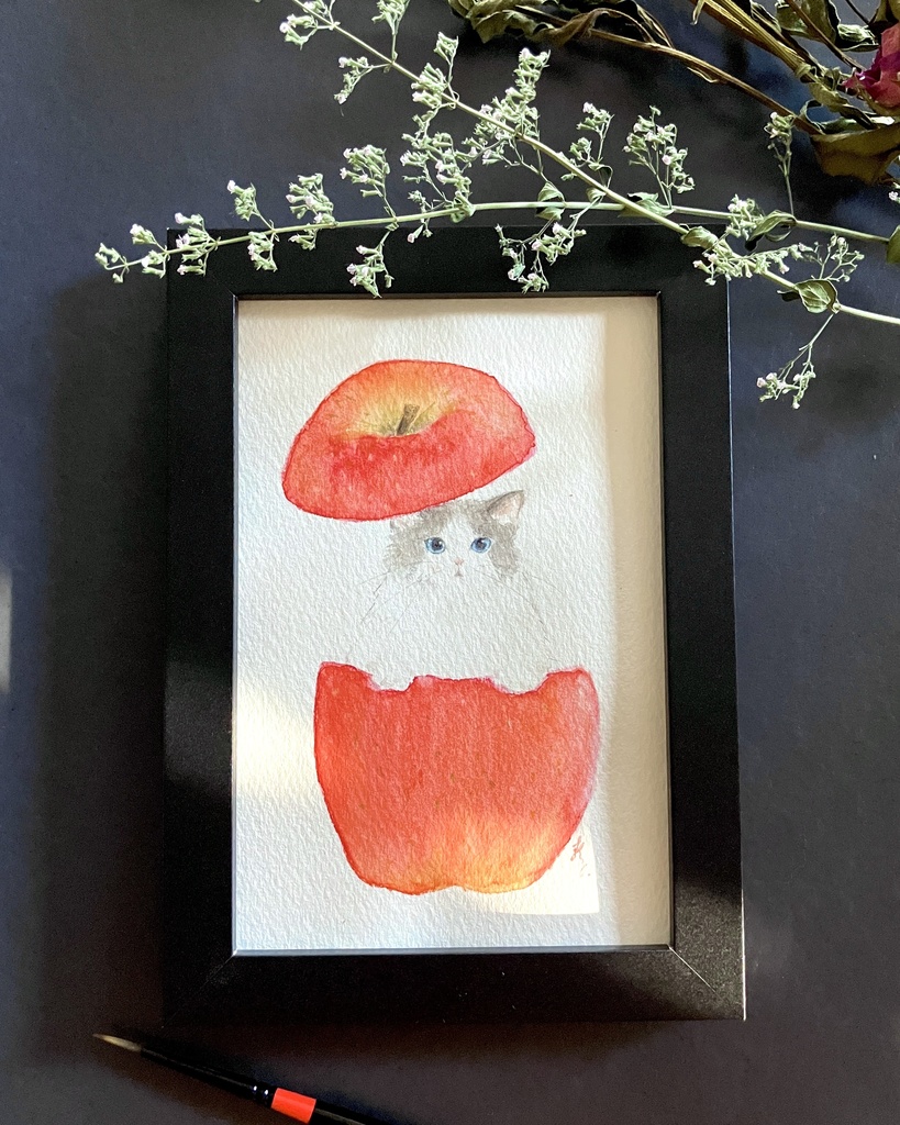 【額なし水彩原画】cat × apple