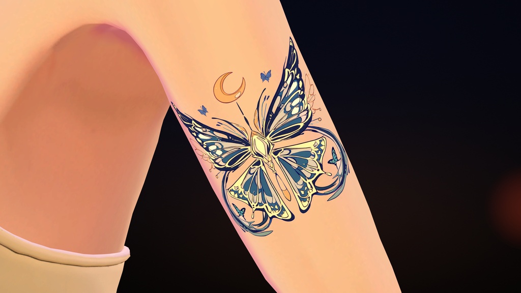 【VRChat】Yocho I ― 夜蝶のタトゥー(A)(発光・ON/OFF)/ Night Butterfly Tattoo A【MA/PC】タトゥー刺青風二の腕蝶夜蝶三日月月金色ボディアートボディペイント対応デカール専用発光光るエミッション大正浪漫大正ロマン和風和柄和モダンレトロ吉祥モデルアバター用想定メニュー