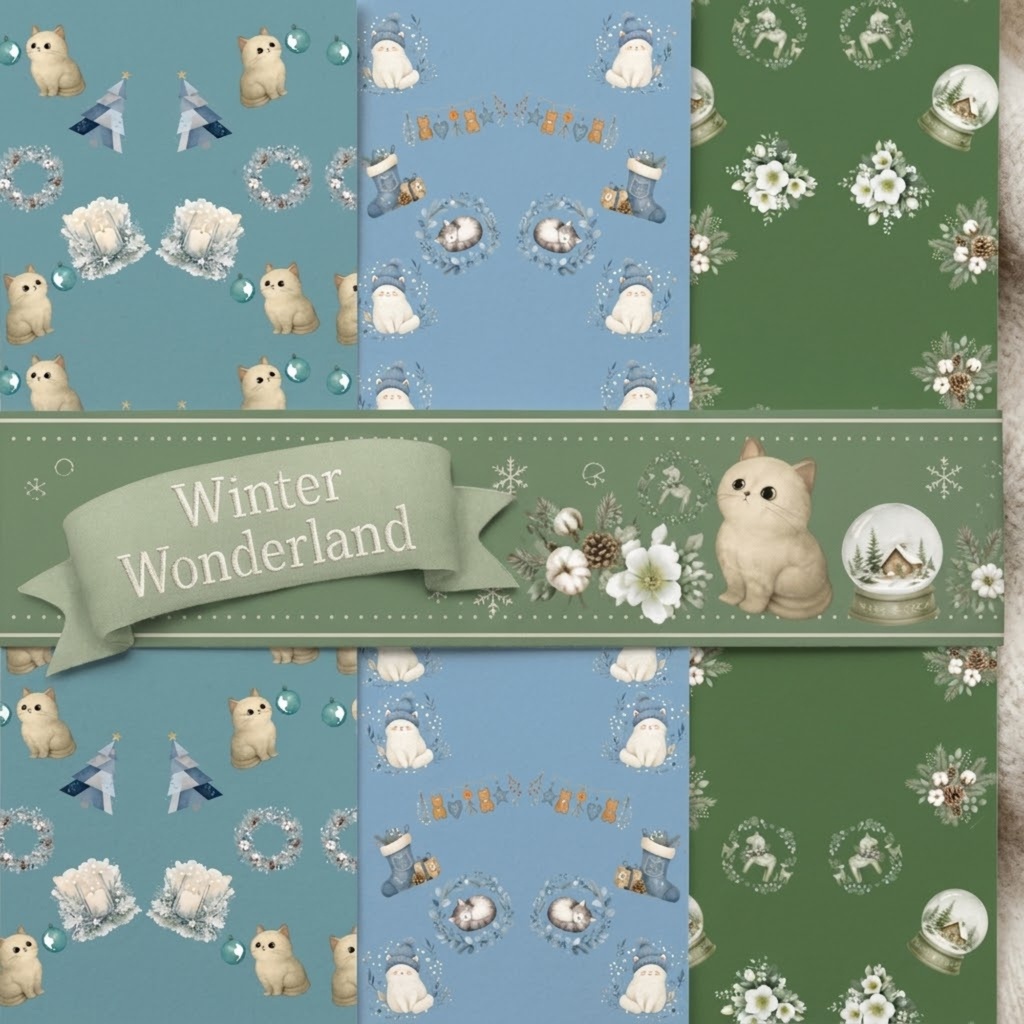 【デジタルペーパー】ほっこり可愛い北欧クリスマス＆ねこ柄｜シームレス背景素材 3 枚セット｜商用利用可・高解像度PNG