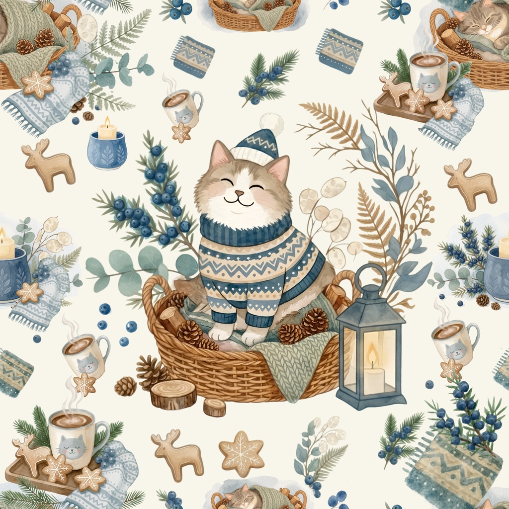 【デジタルペーパー】ほっこり猫の北欧風ウィンター|ダスティーブルー&シームレス背景素材 5枚セット|商用利用可・高解像度PNG