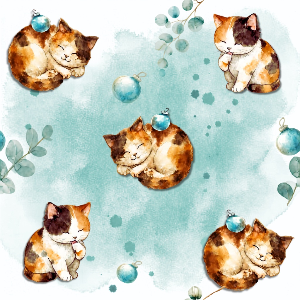 【無料お試し】デジタルペーパー | ふんわり水彩三毛猫とユーカリ 