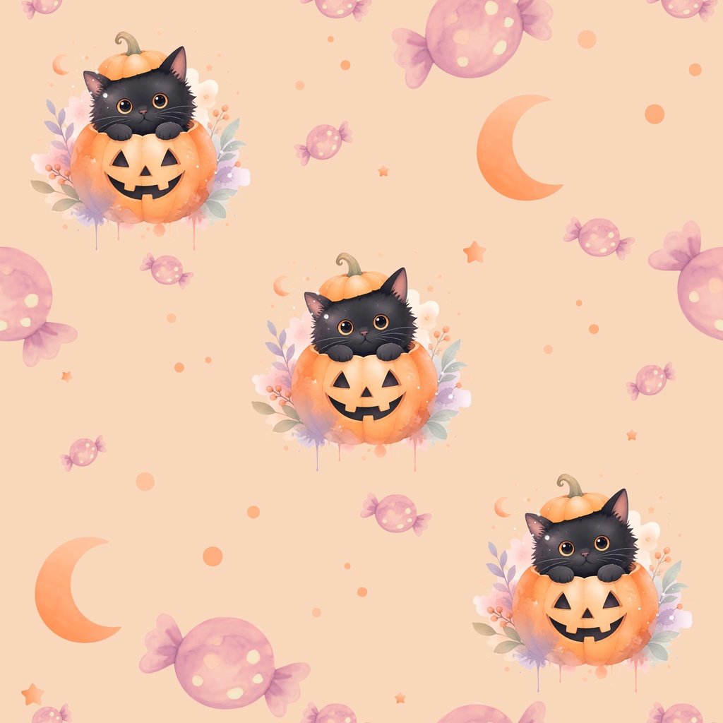【デジタルペーパー】黒猫と水彩ペイント / ふんわりパステルハロウィン素材 5 枚セット|商用利用可・高解像度PNG
