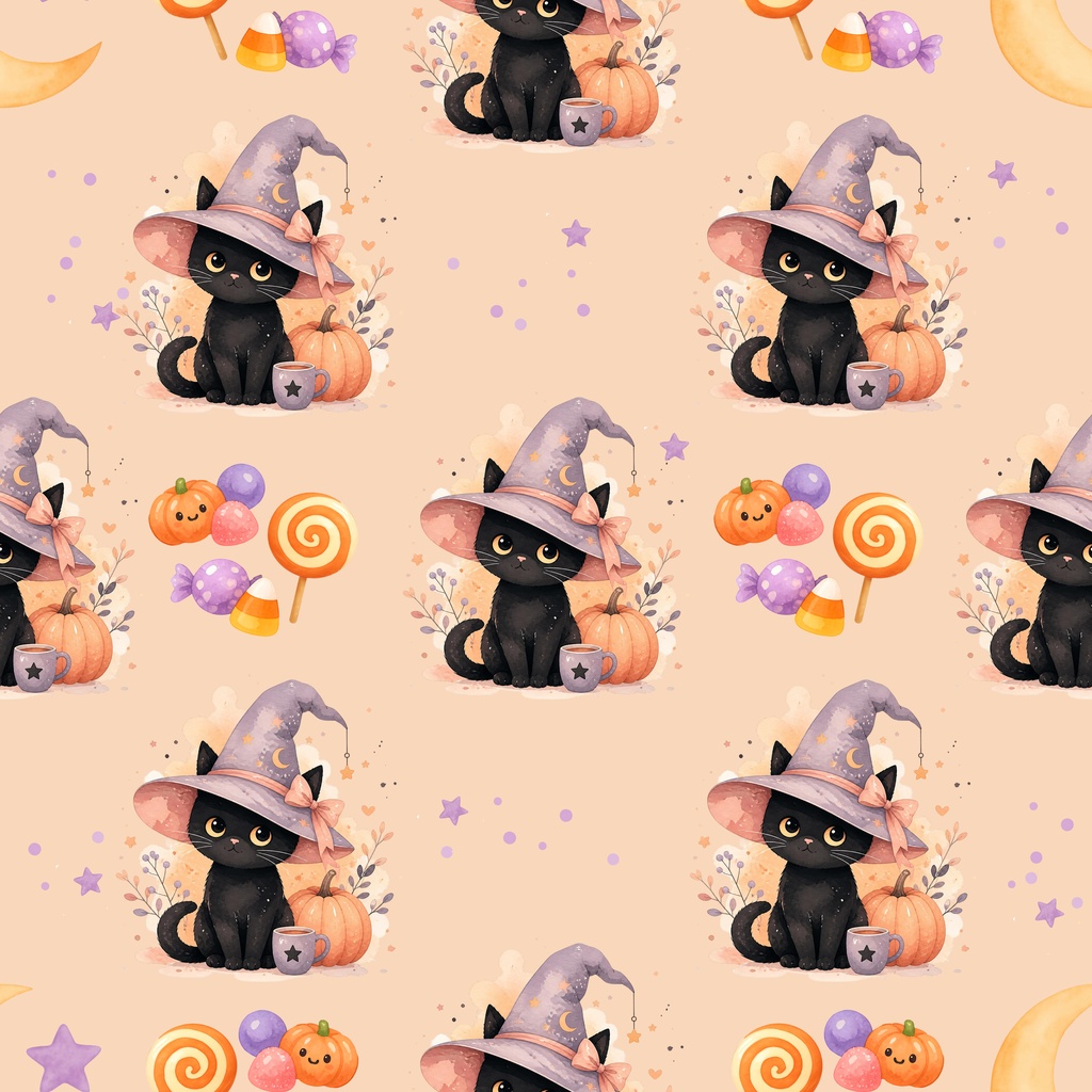 【デジタルペーパー】黒猫と水彩ペイント / ふんわりパステルハロウィン素材 5 枚セット|商用利用可・高解像度PNG